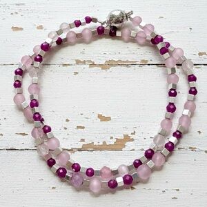 Handmade Double Wrap Bracelet w/ Silver Hematite, Semi Precious Ruby & Cat’s Eye